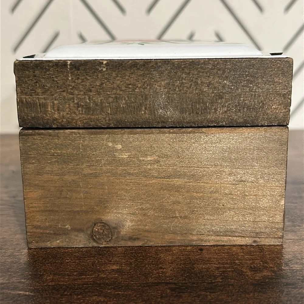 Wooden Trinket Jewelry Storage Box Floral Enamel Tin Top Metal Clasp Closure